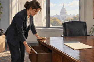 Conceptual painting of an aide closing a drawer in a vacated congressional office.