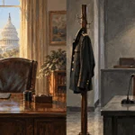 Painted conceptual pair of an empty Senate office and an empty military hearing room.