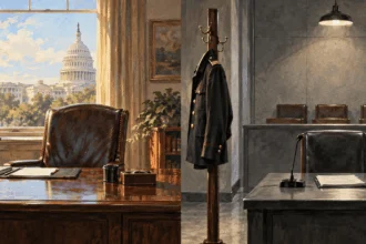 Painted conceptual pair of an empty Senate office and an empty military hearing room.