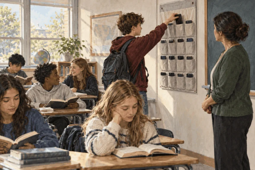 Painted illustration of a student placing a phone in a classroom organizer as classmates read.