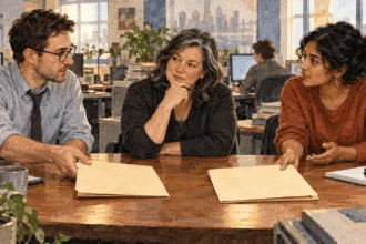 Conceptual painting of reporters comparing two political approaches.