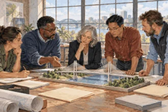 Conceptual painting of an advisory panel examining an infrastructure model.