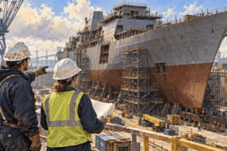 Painted illustration of shipyard workers studying an unfinished naval vessel.