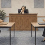 Painted scene of a separate hearing officer listening to two sides in an agency case.
