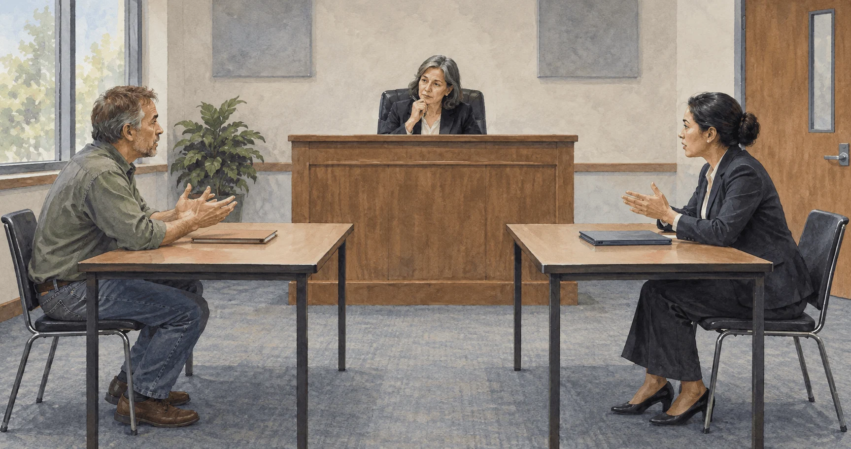 Painted scene of a separate hearing officer listening to two sides in an agency case.
