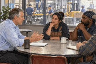 Painted factory workers and a manager in discussion beside the production floor.