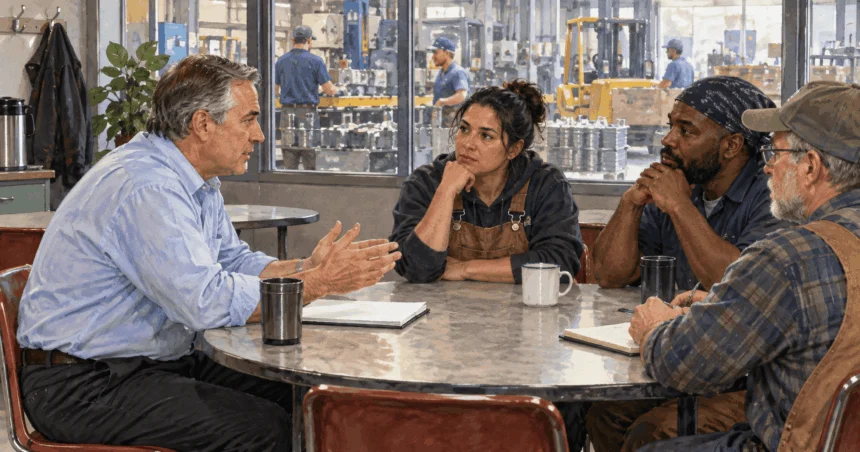 Painted factory workers and a manager in discussion beside the production floor.