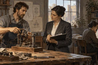 An inventor demonstrates a prototype while another researcher studies an older design.