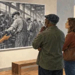 Conceptual painting of workers examining industrial-history photographs at a labor exhibit.