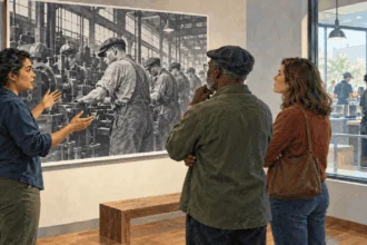 Conceptual painting of workers examining industrial-history photographs at a labor exhibit.