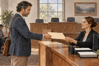 Conceptual painting of a petitioner arriving at a legislative tribunal.