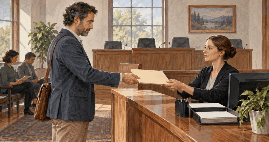Conceptual painting of a petitioner arriving at a legislative tribunal.