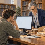 A librarian guides a visitor through records at a public-library computer.