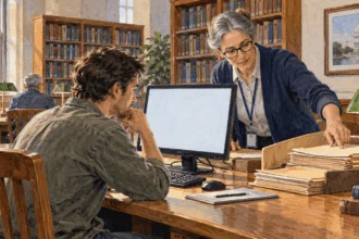 A librarian guides a visitor through records at a public-library computer.