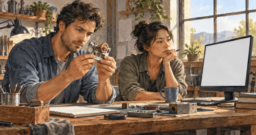Conceptual painting of a human inventor examining a prototype near a computer.