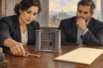 Painted conceptual scene of a legal analyst considering a blank clemency folder beside a prison-gate model.