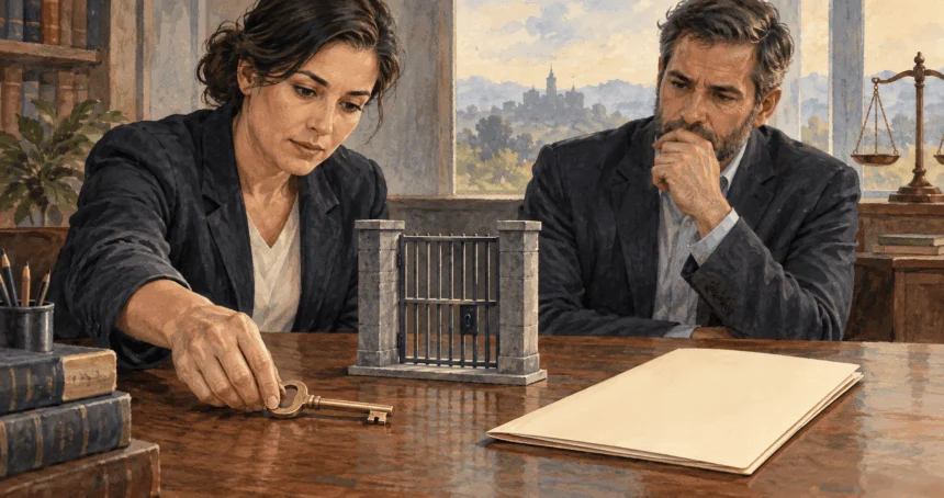 Painted conceptual scene of a legal analyst considering a blank clemency folder beside a prison-gate model.