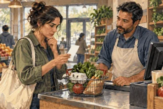 Conceptual painting of a shopper checking a grocery receipt with a clerk.