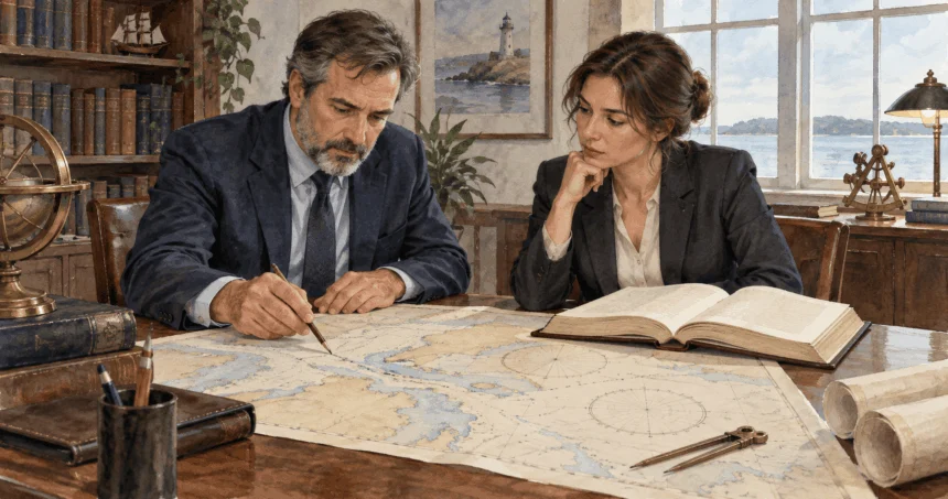 Conceptual painting of specialists reviewing the legality of a maritime strike.