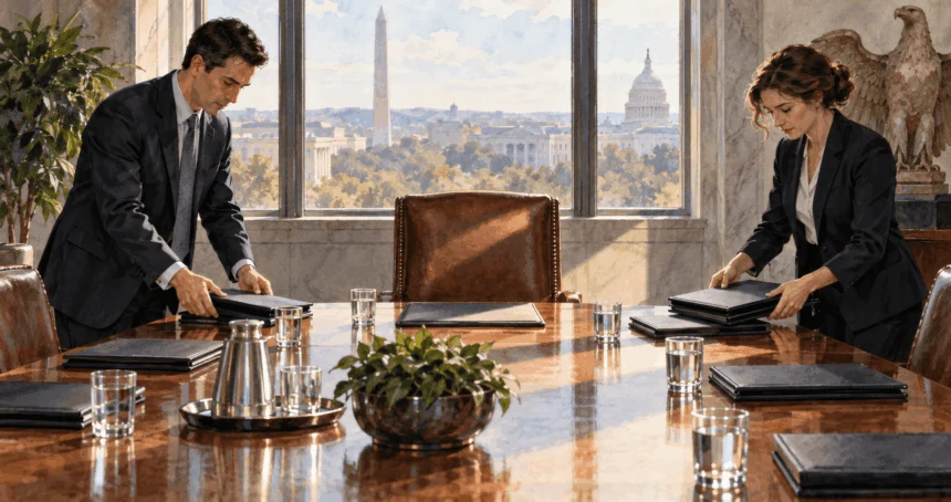 Conceptual watercolor painting of staff prepare a meeting room with one empty leadership chair.