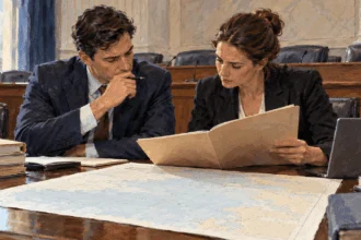 Conceptual painting of oversight staff reviewing a maritime incident folder and sea chart.