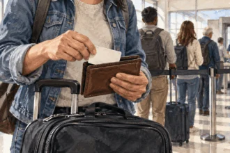 Conceptual painting of a traveler taking a blank-backed identification card from a wallet near an airport security line.