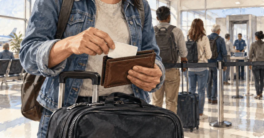 Conceptual painting of a traveler taking a blank-backed identification card from a wallet near an airport security line.