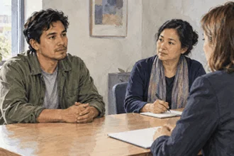 Conceptual painting of an asylum applicant speaking through an interpreter during an interview.