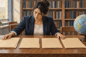 Conceptual painting of a policy researcher comparing four blank folders beside a globe in a library.