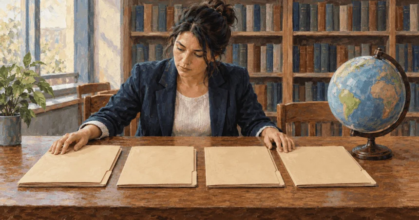 Conceptual painting of a policy researcher comparing four blank folders beside a globe in a library.