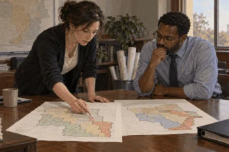Staff compare older and revised legislative district maps.