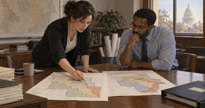 Staff compare older and revised legislative district maps.