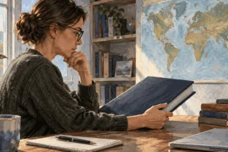 Conceptual painting of a policy analyst studying a closed strategy document beside a world map.