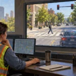 A traffic engineer monitors an intersection as a pedestrian crosses.
