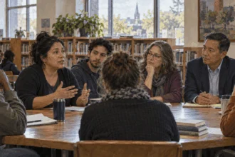 People discuss a local policy at a public library meeting.