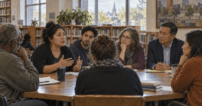 People discuss a local policy at a public library meeting.