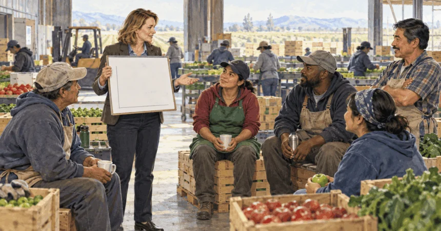 Painted illustration of economist discussing labor data with produce-packing workers on a break.