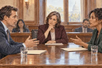 Conceptual painting of a state hearing on technology regulation.