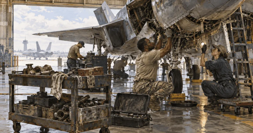 Painted illustration of a maintenance crew works on an aircraft in a hangar amid visibly worn tools and a spare-parts cart, suggesting readiness challenges without fictional combat or unsafe aircraft details.
