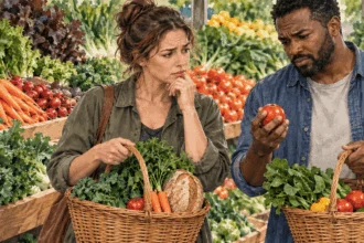 Conceptual painting of two voters discussing grocery affordability.