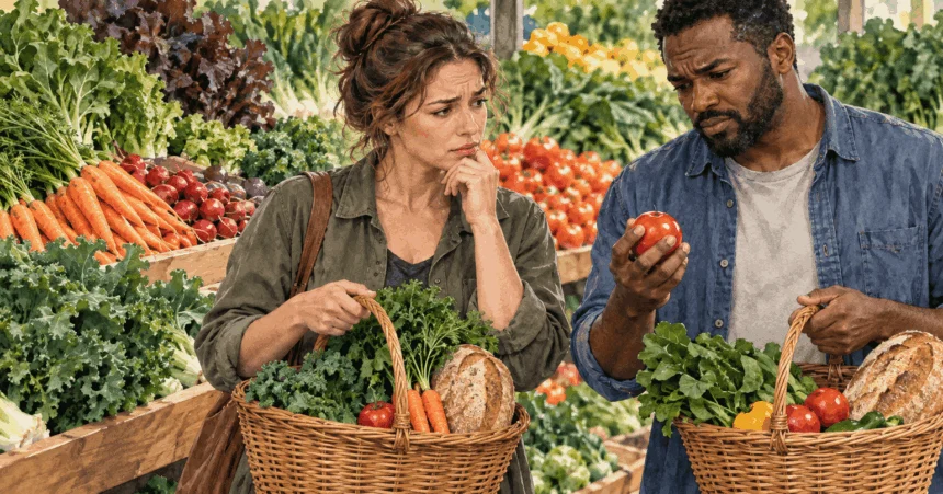 Conceptual painting of two voters discussing grocery affordability.