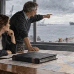 Painted illustration of maritime officials examining a distant oil tanker.