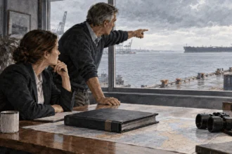 Painted illustration of maritime officials examining a distant oil tanker.