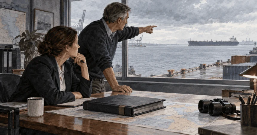 Painted illustration of maritime officials examining a distant oil tanker.