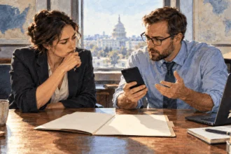 Conceptual watercolor of two analysts discussing a blank phone and draft folder.