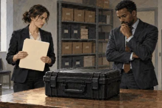 Conceptual painting of oversight staff considering withheld military footage.