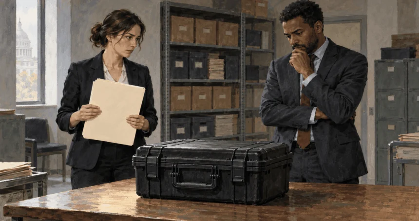 Conceptual painting of oversight staff considering withheld military footage.