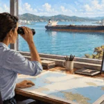 Conceptual painting of a port analyst watching an oil tanker from shore.