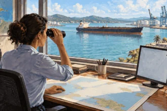 Conceptual painting of a port analyst watching an oil tanker from shore.