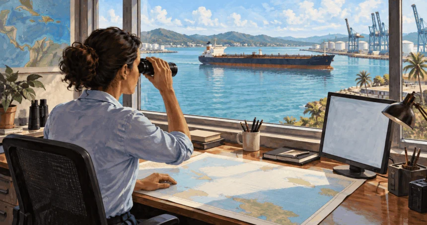 Conceptual painting of a port analyst watching an oil tanker from shore.